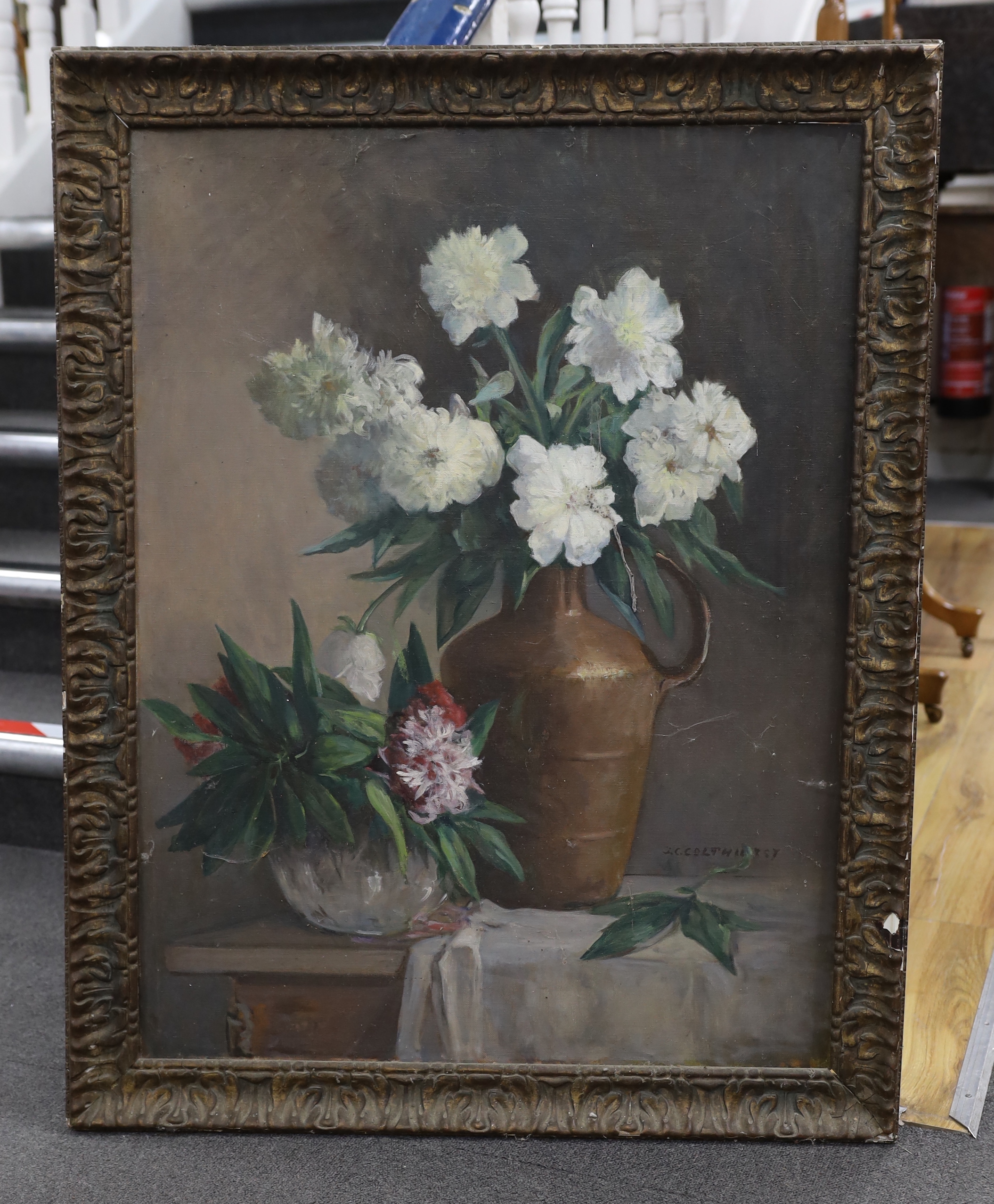 J.C.Bowen-Colthurst (b.1880), oil on canvas, Still life of peonies in vases, signed, 85 x 65cm